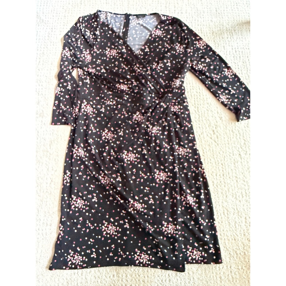 Ann Taylor Faux Wrap Dress Womens 12 Black Pink Polka Dot Office Siren